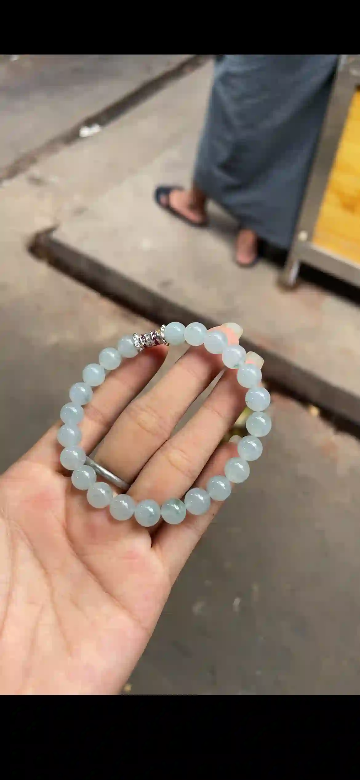 Icy Pale Blue Floating Flower Jadeite Bead Bracelet, view 2 | Myanmar Jadeite reference #13650001