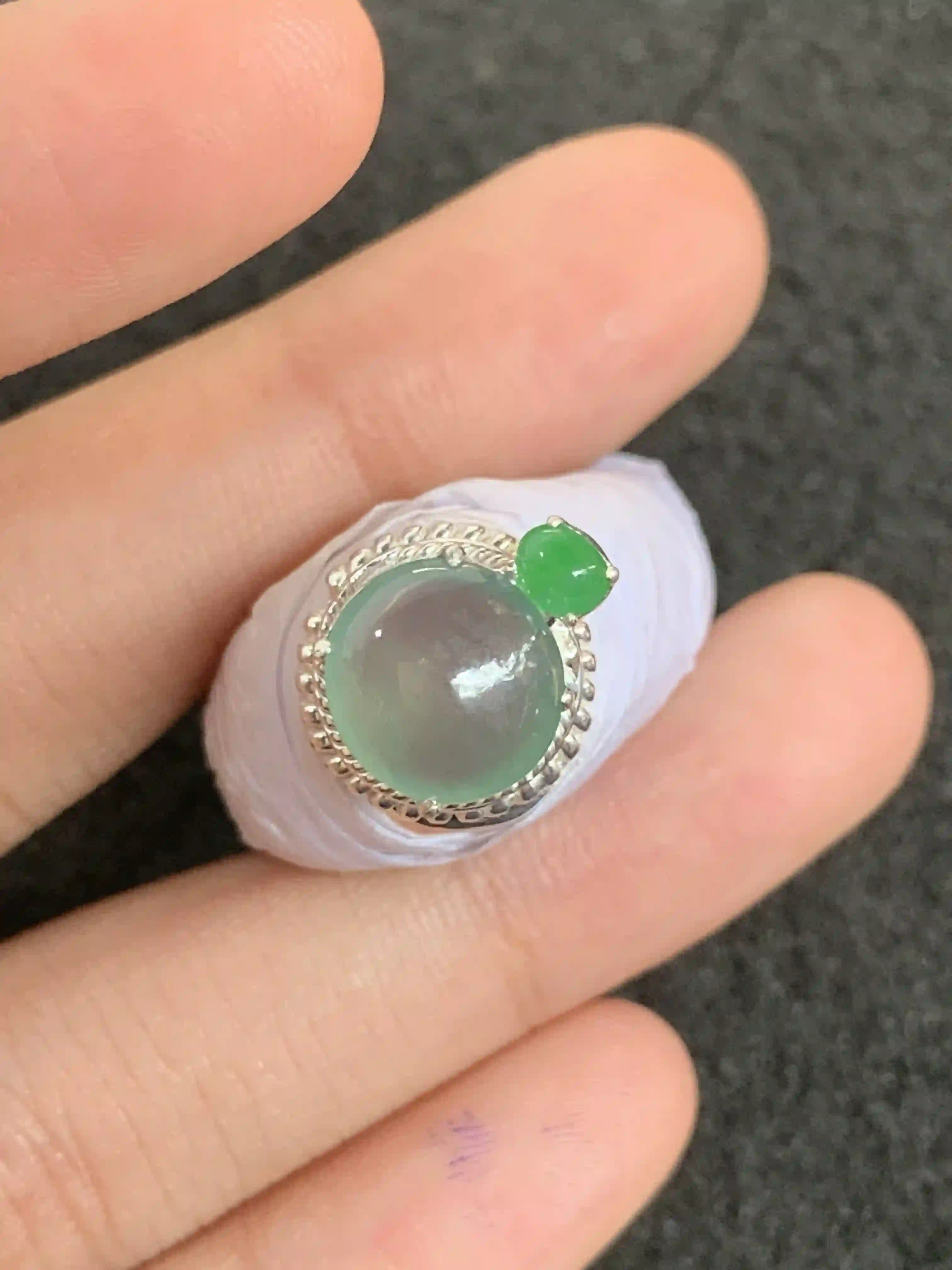  Unique Translucent Green Gemstone Ring with Accent Stone, view 2 | Myanmar Jadeite reference #1530004