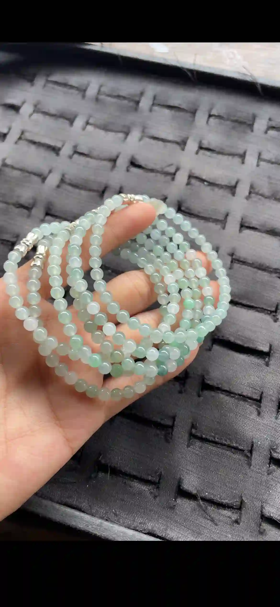 Premium Icy Pale Green Jadeite Multi-Strand Beaded Bracelet with Silver Accents, view 2 | Myanmar Jadeite reference #23640001