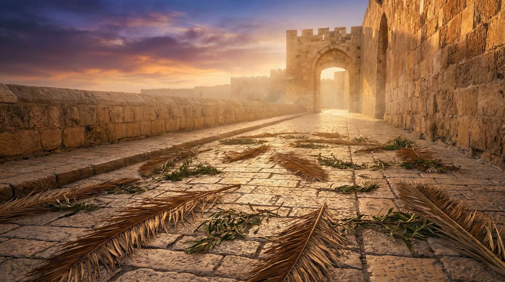 Palm branches laid on the ancient road to Jerusalem at golden hour