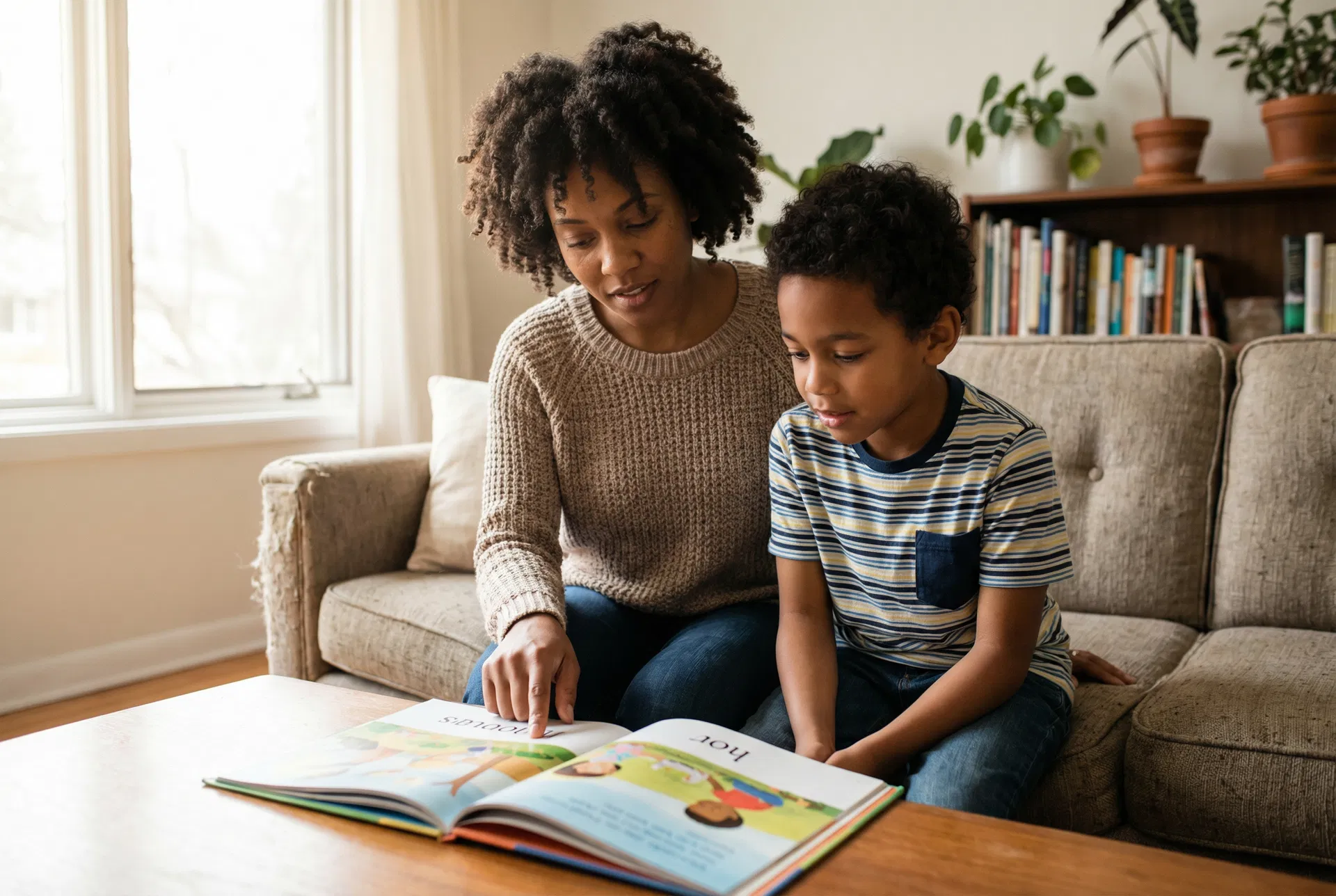 Parent and child reading together on a couch