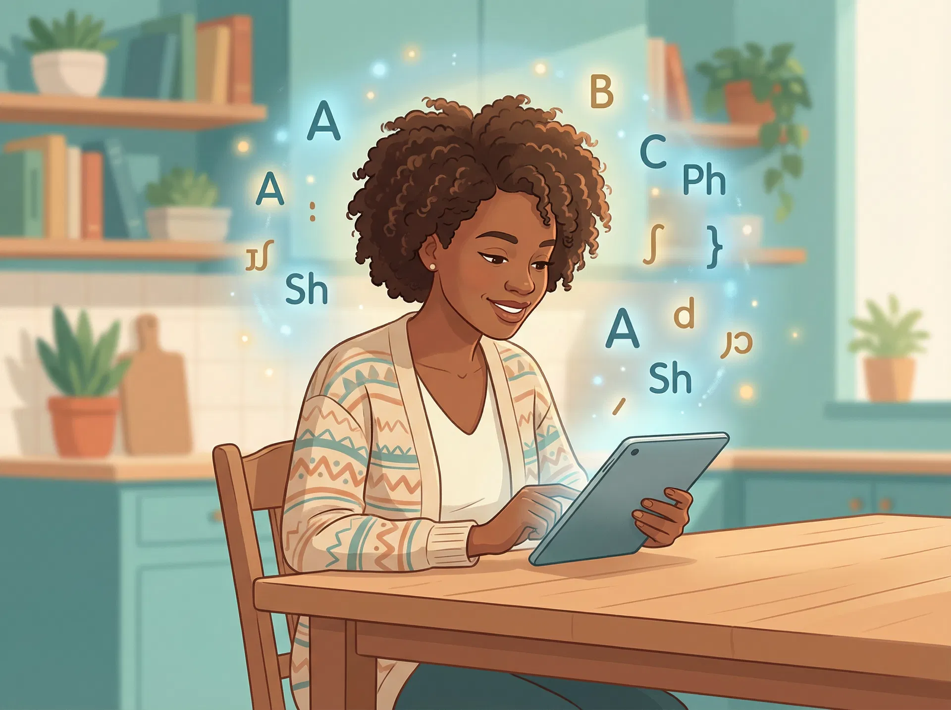 African-American mother learning literacy terms on a tablet