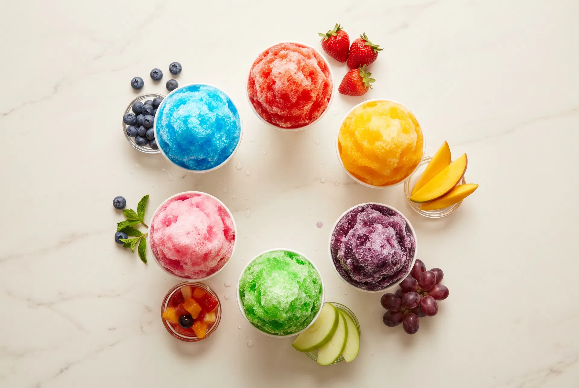 Colorful shaved ice flavors arranged in a circle