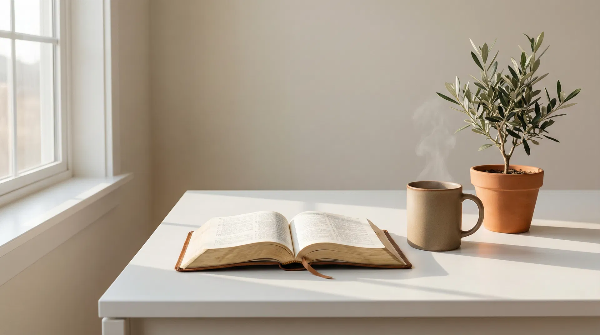 Bible and coffee in morning light