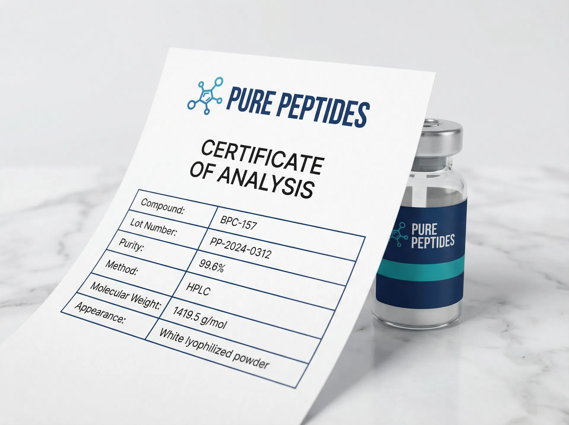 Research peptide vials with Certificate of Analysis documents