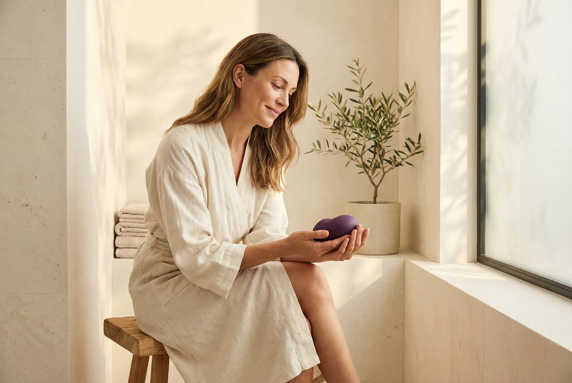 Woman holding Kinsa pelvic floor wellness device in a bright, calm bathroom