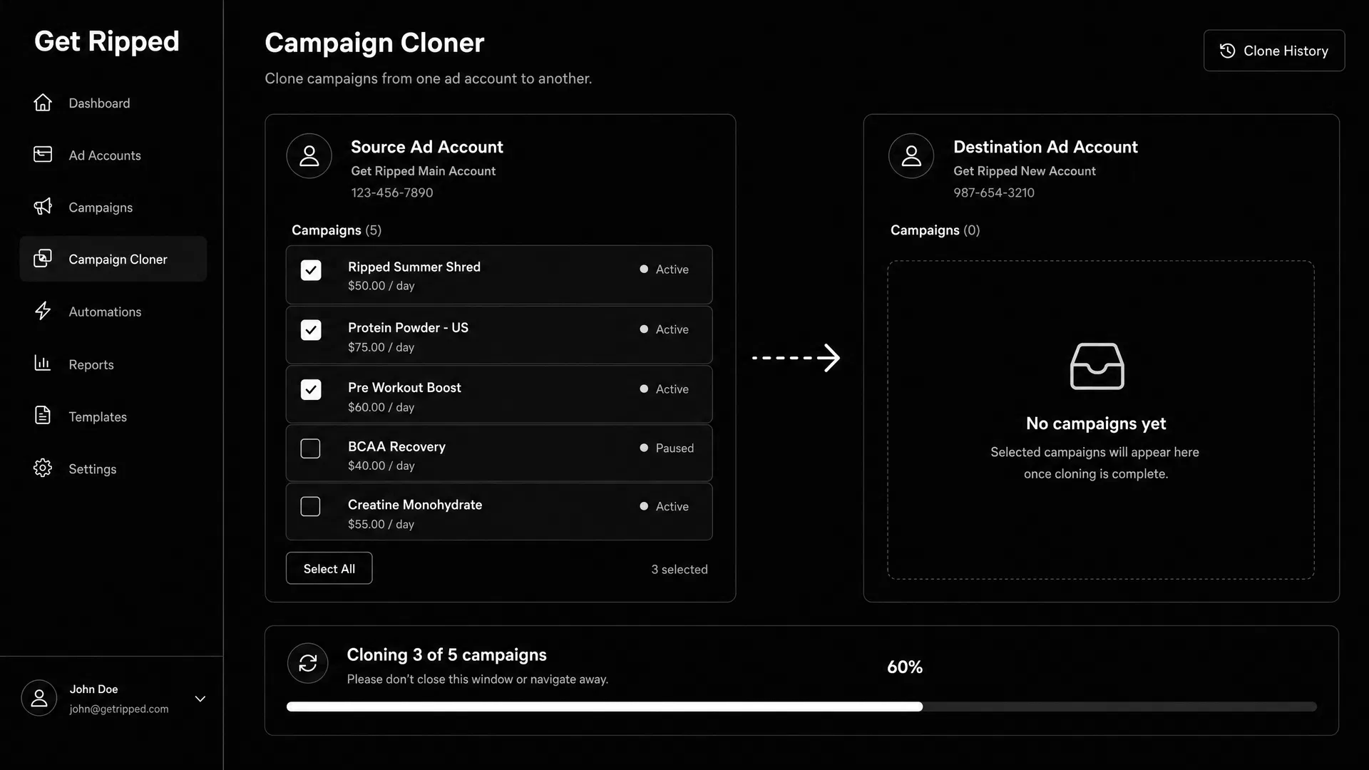 GetRipped Ad Cloner interface showing campaign cloning between ad accounts