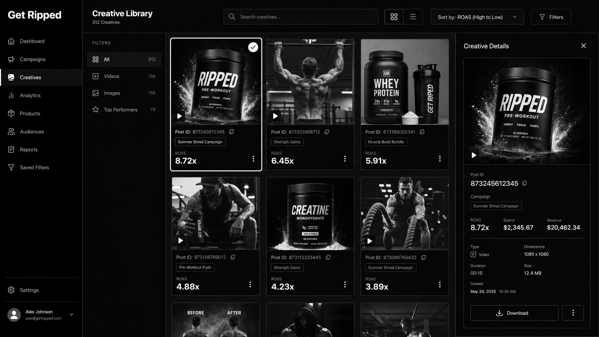 GetRipped Ad Gallery showing creative library with post IDs and performance metrics