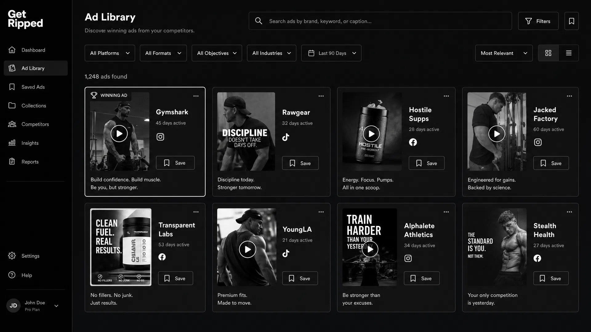 GetRipped Ad Spy library showing competitor ad creatives with filters
