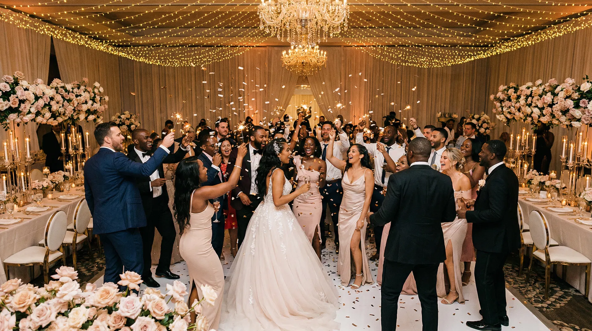 Guests celebrating on the dance floor at a luxury wedding reception