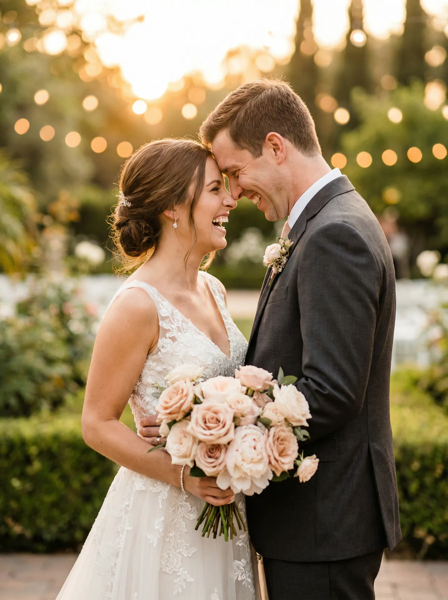 Happy couple celebrating their wedding day with blush roses
