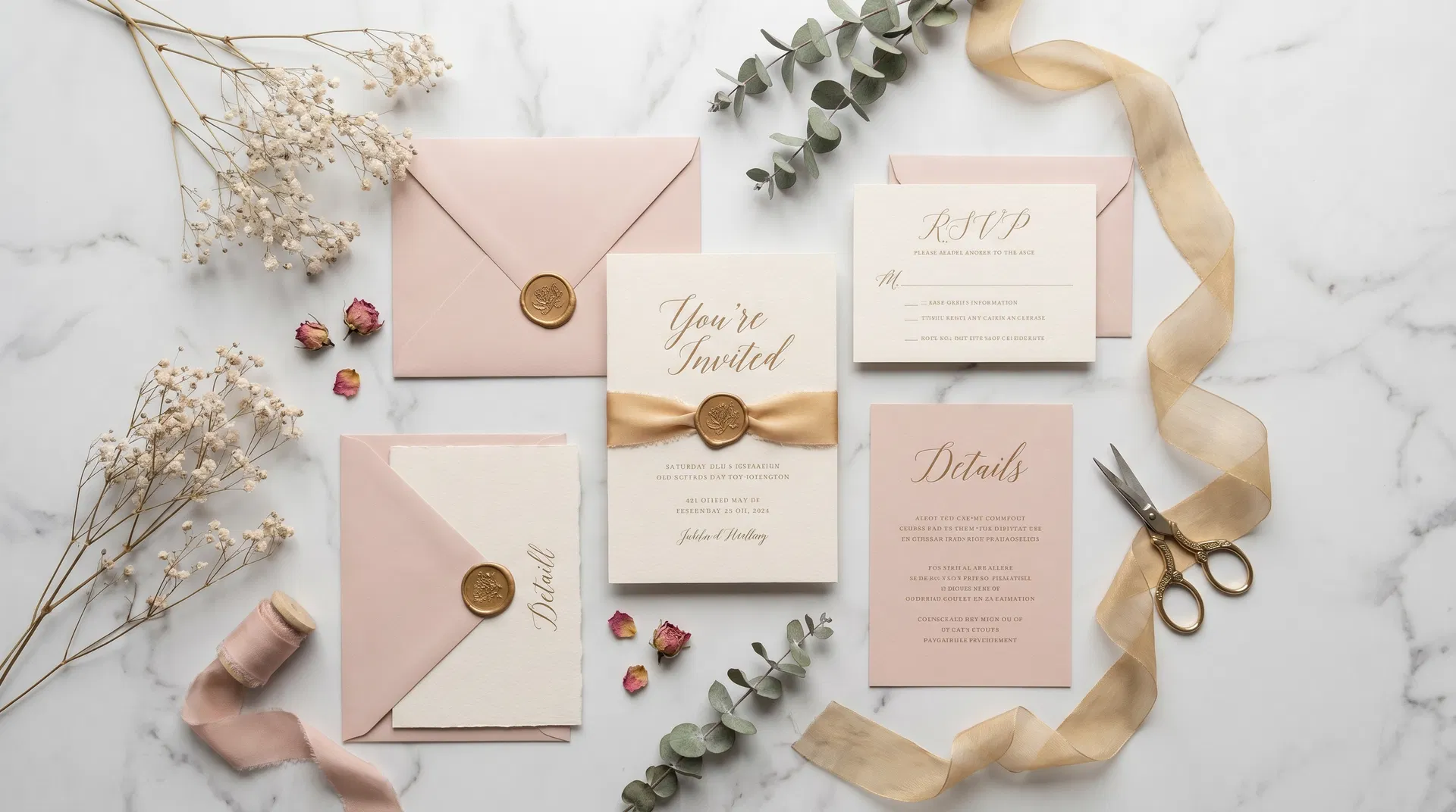 Elegant blush and gold wedding invitation stationery suite