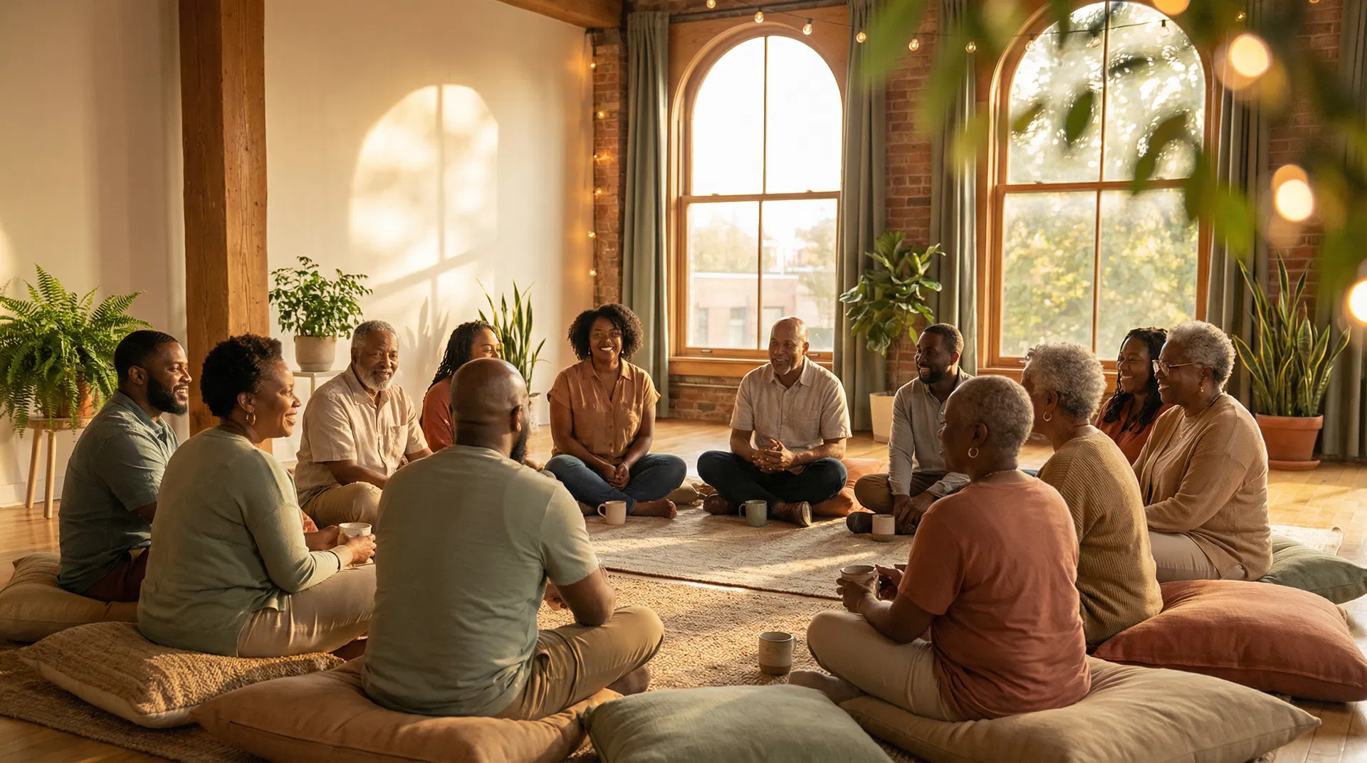 Community gathering in warm light