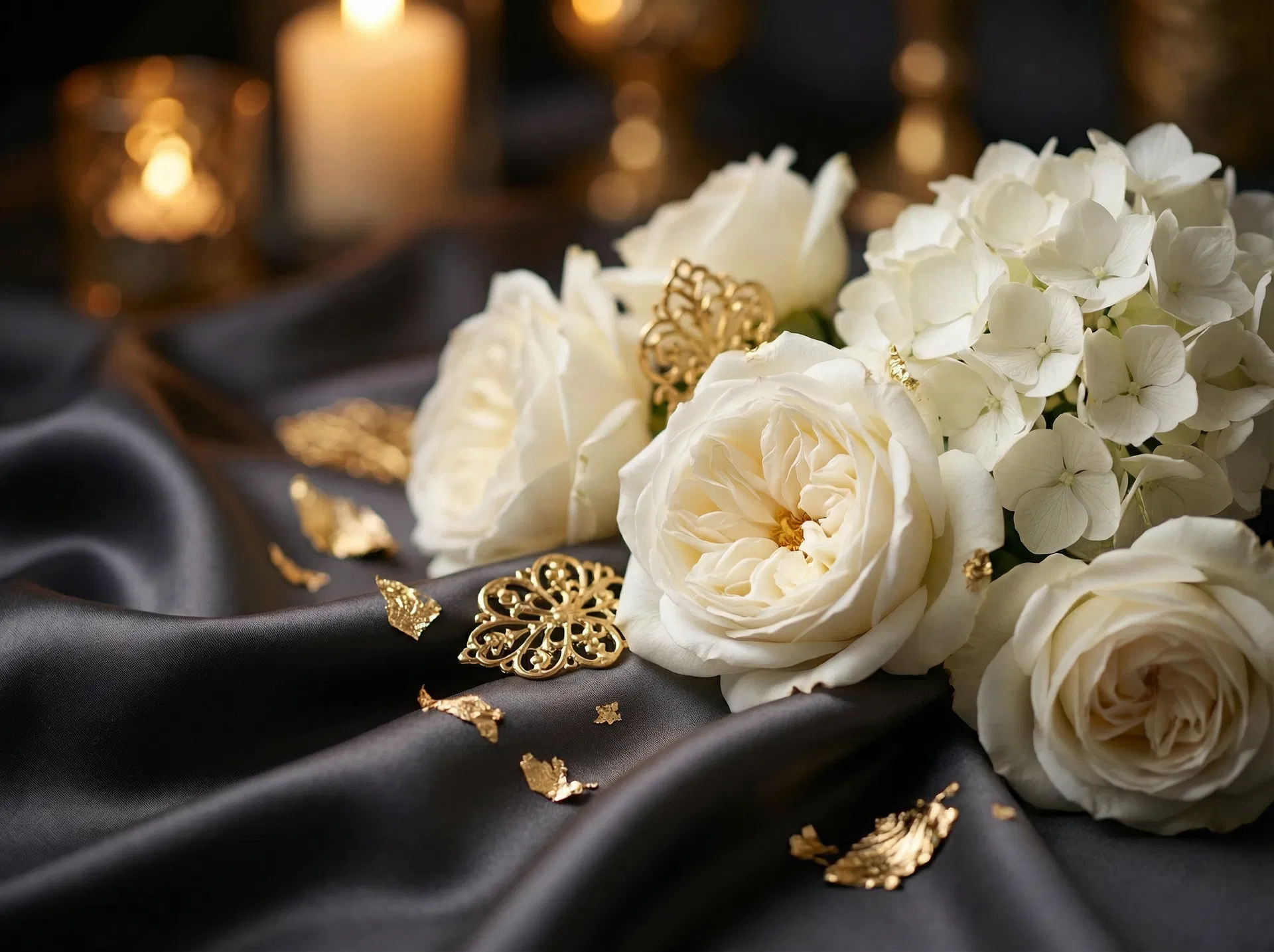 Elegant white roses and gold accents