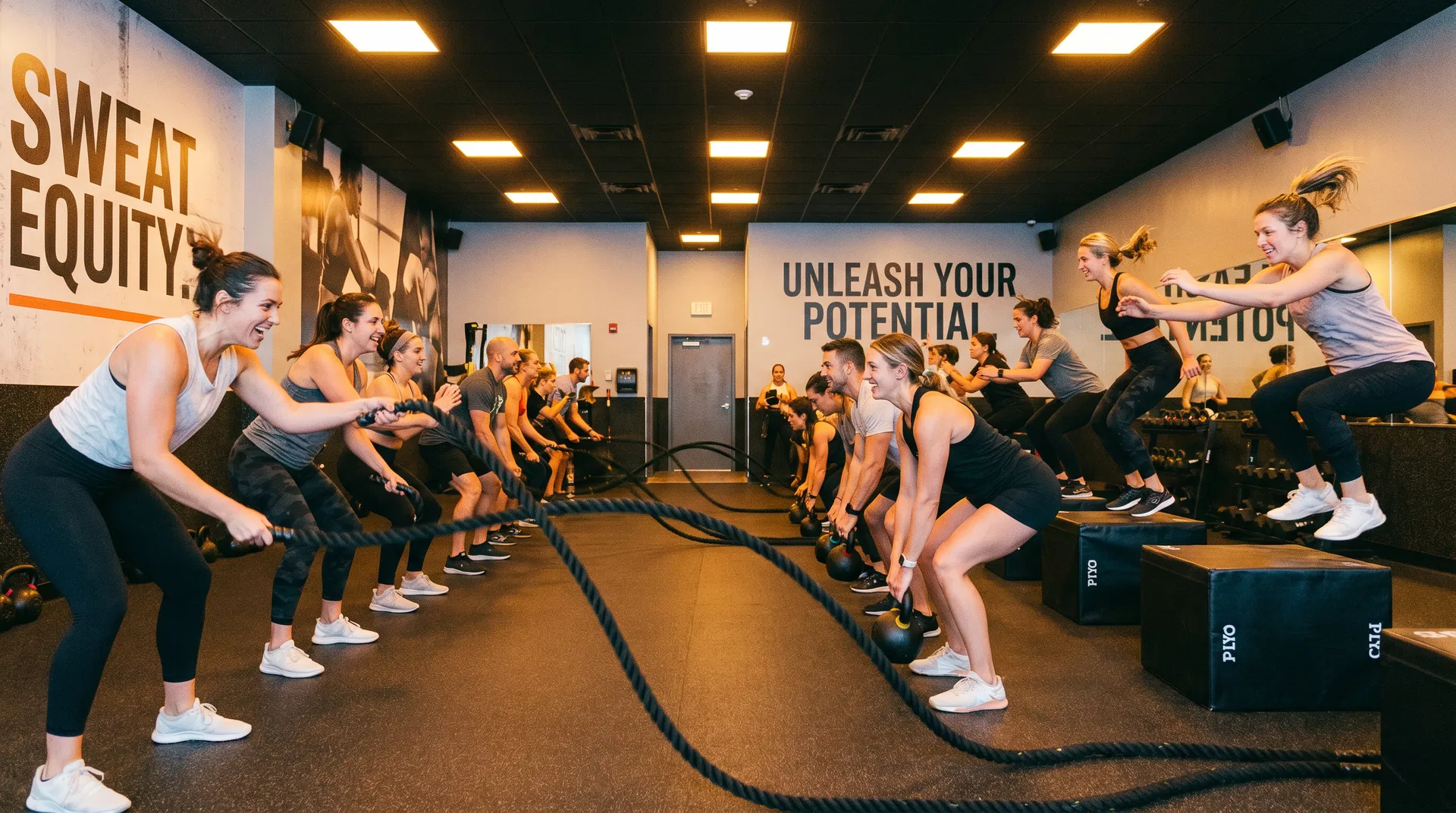 Packed group fitness class with battle ropes and kettlebells