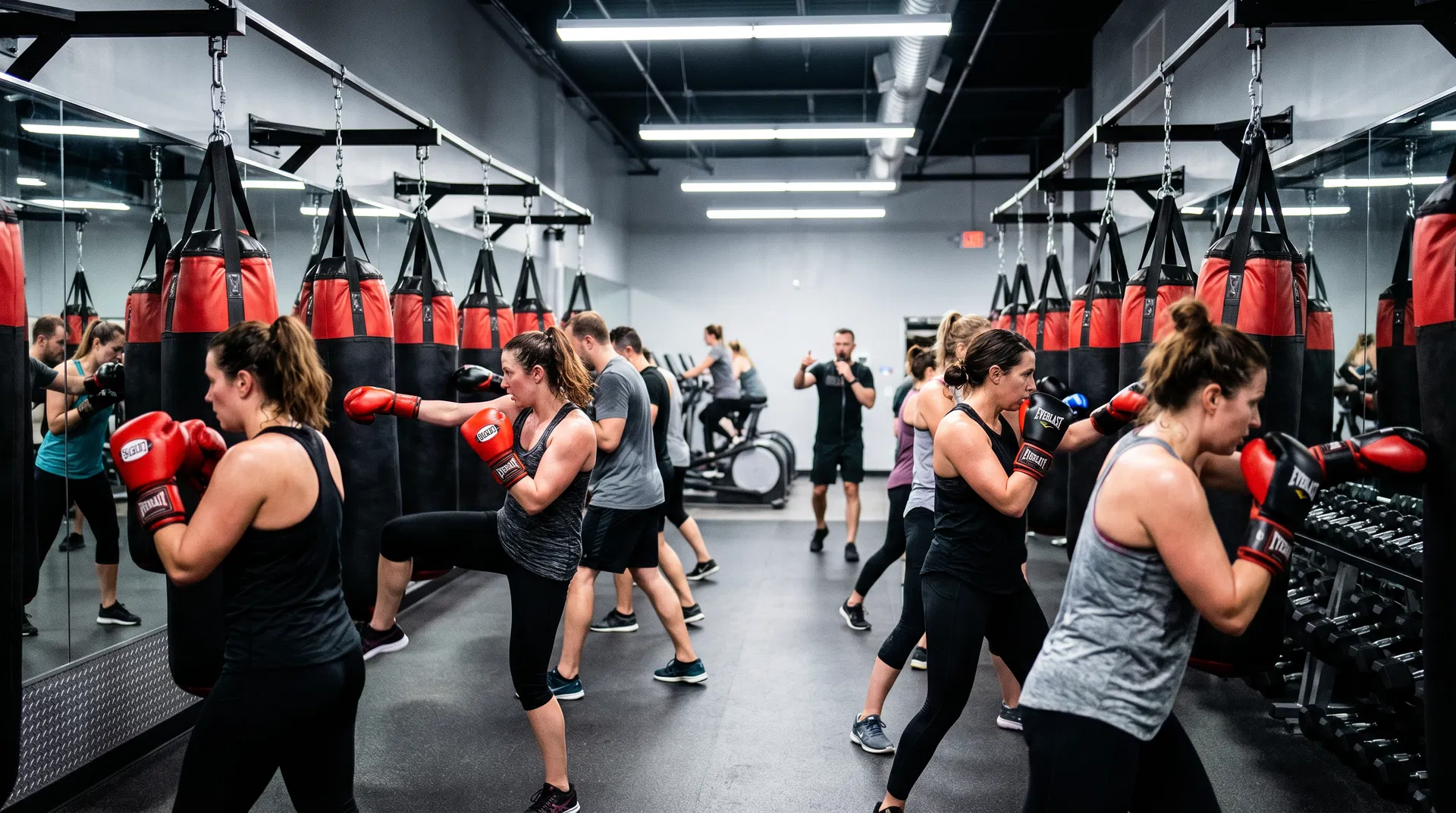 Busy kickboxing fitness class hitting heavy bags