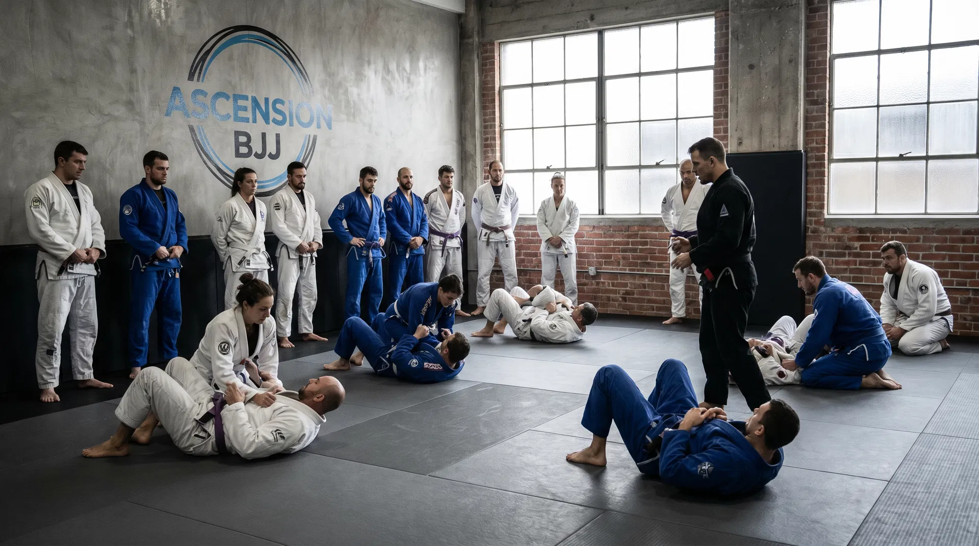 Full adult BJJ class training on the mats
