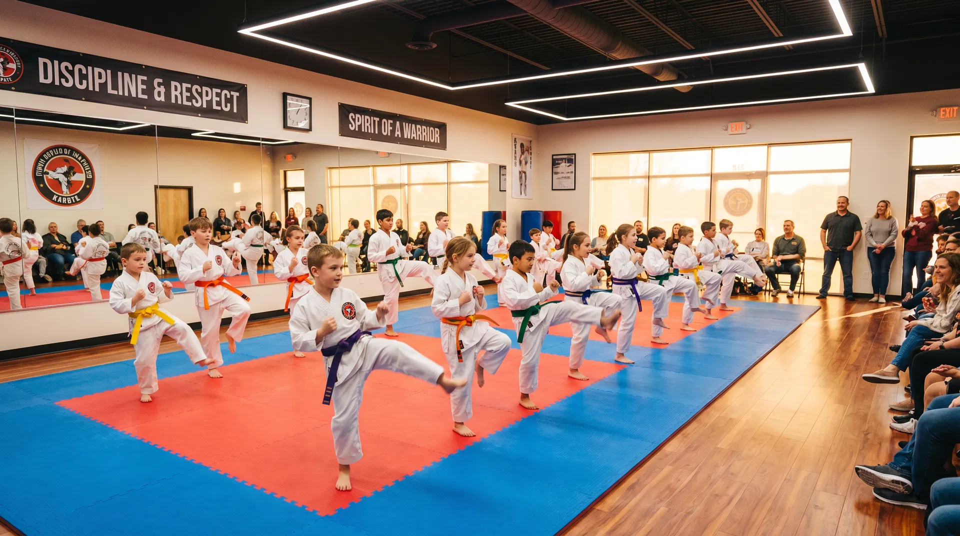 Packed kids martial arts class with students in gis