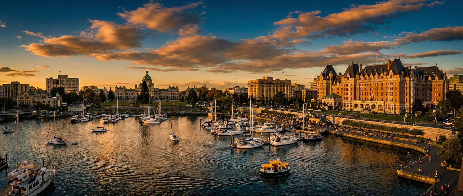 Victoria BC Inner Harbour at golden hour