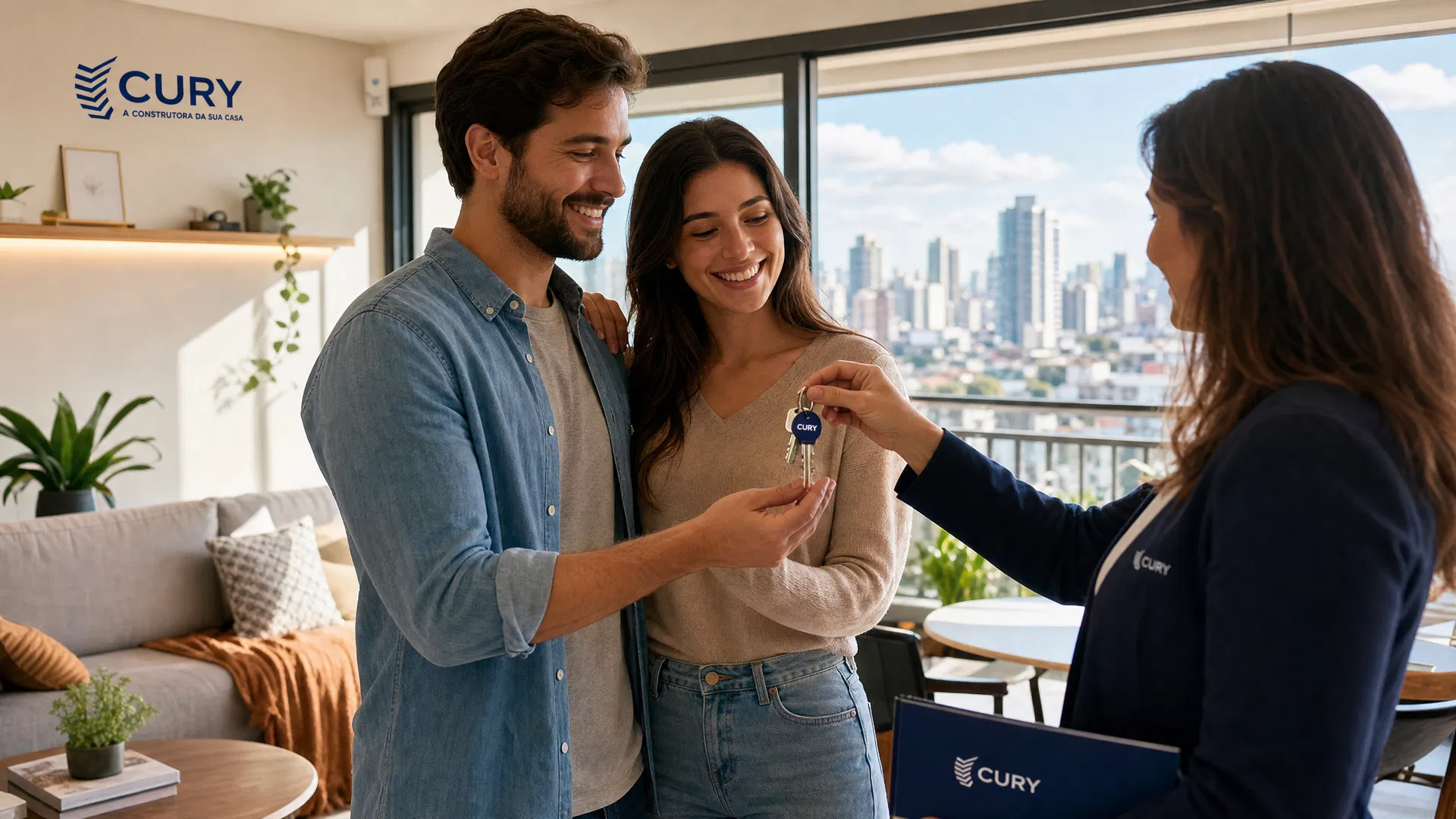 Casal recebendo as chaves do apartamento