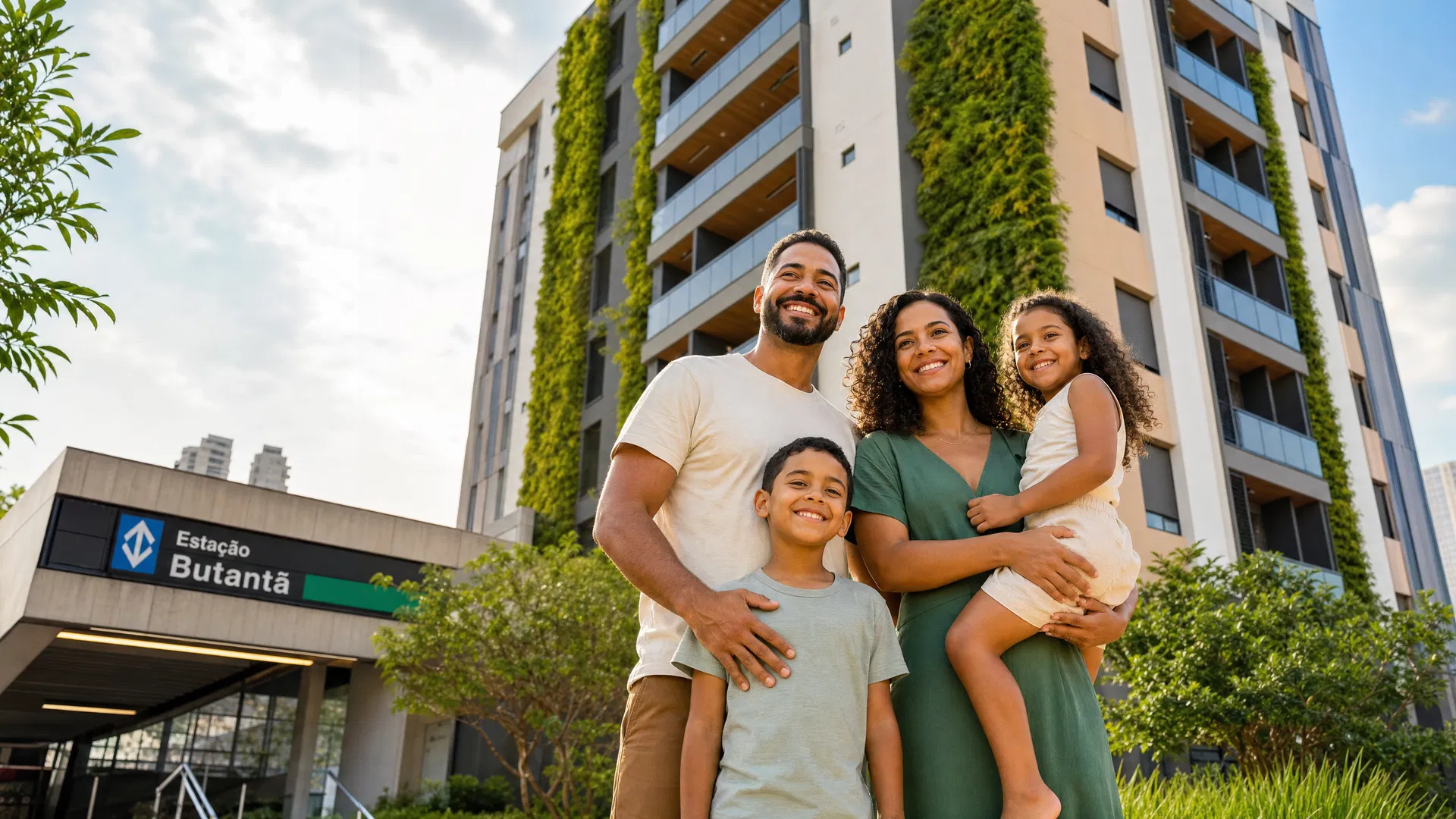 Família feliz em frente ao apartamento Cury