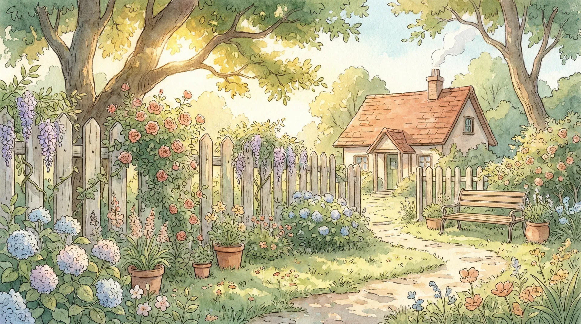 Jardim acolhedor com estética Ghibli