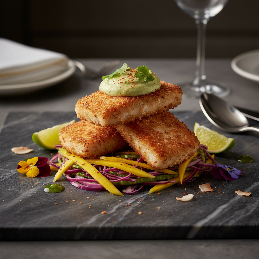 Coconut Crusted Mahi with Avocado Crema Over Tropical Slaw