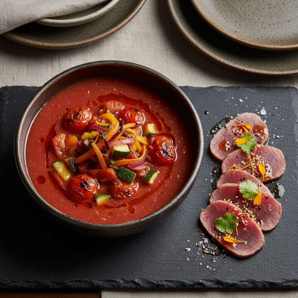 Fire Roasted Farmers' Market Gazpacho with Ahi Tuna Crudo