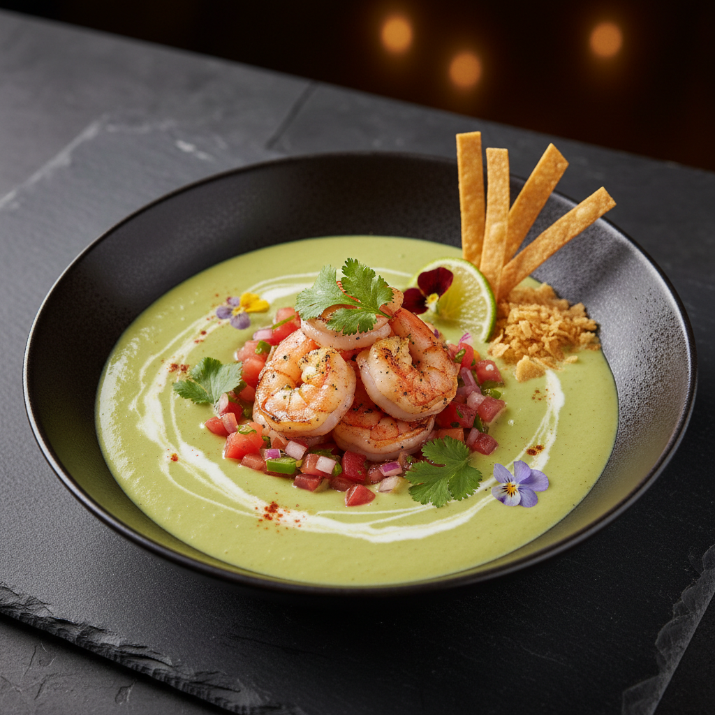 Avocado Soup with Shrimp & Salsa