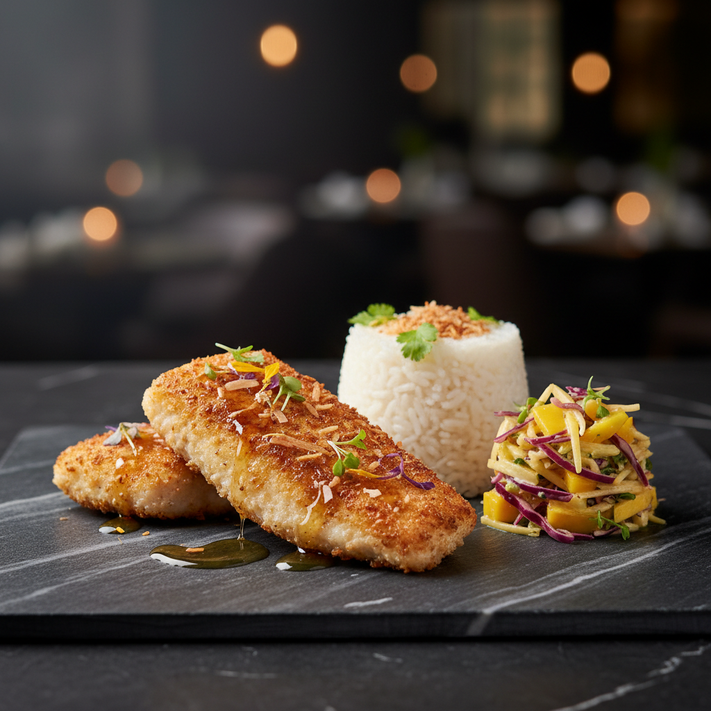Coconut Crusted Grouper with Coconut Rice and Mango Slaw