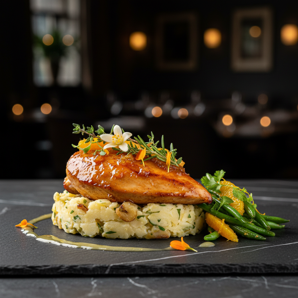 Orange Blossom Chicken with Buttermilk Smashed Potatoes and Citrus Green Beans