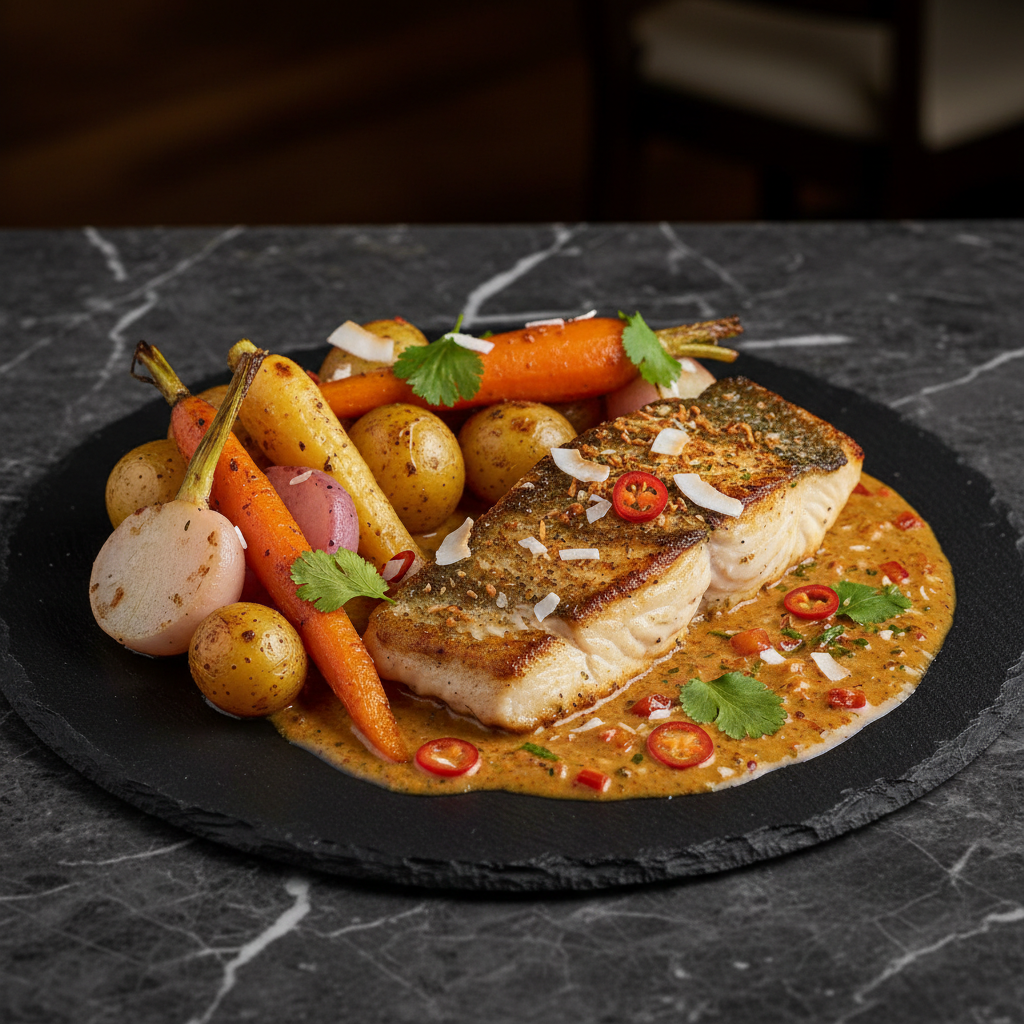 Tropical Mahi In a Spicy Coconut Sauce and Roasted Vegetables