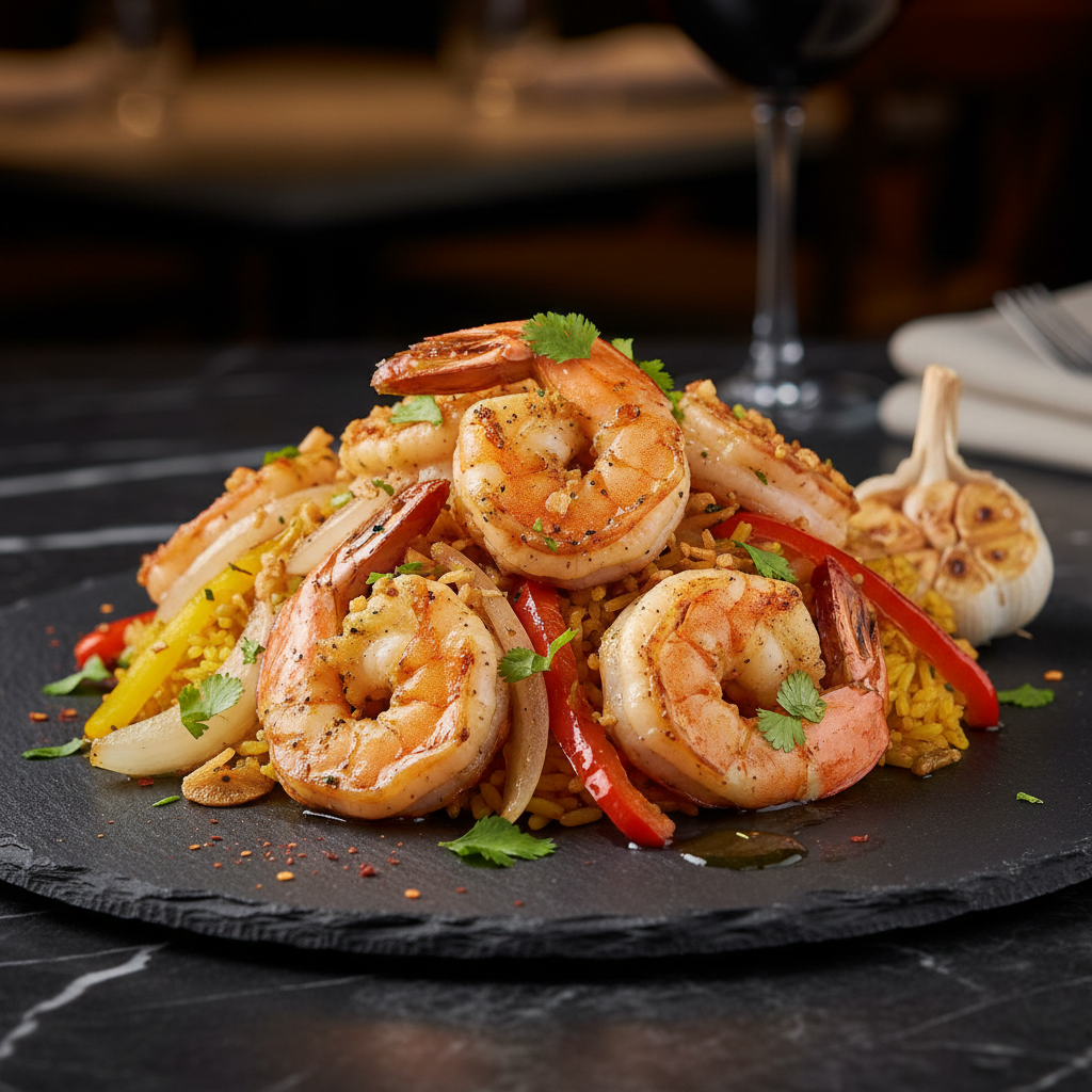 Florida Garlic Shrimp with Garlic, Peppers & Onions Over Amarillo Rice