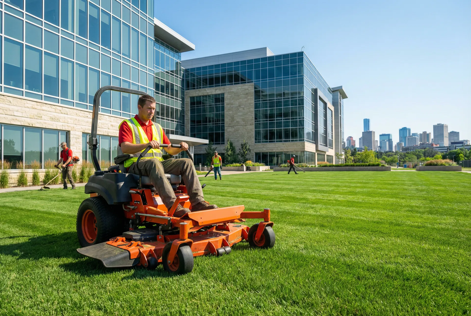 Commercial lawn maintenance crew