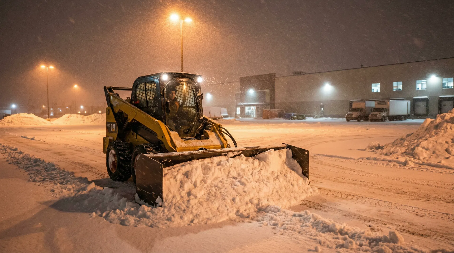 Closed-Cab Skid Steer with Push Box Plow — Commercial Parking Lot