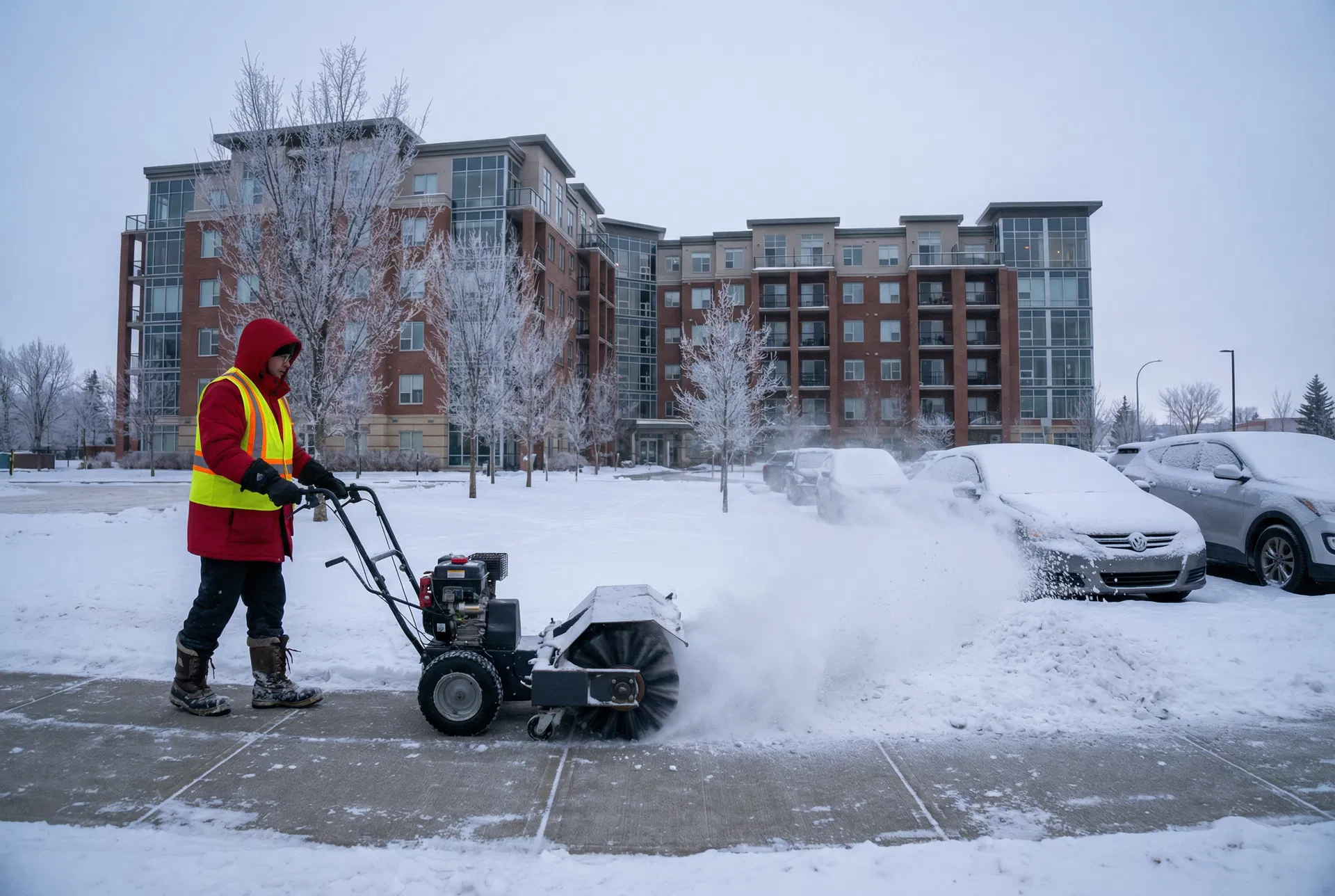 Commercial snow removal worker with poly shovel clearing sidewalk at Edmonton office building