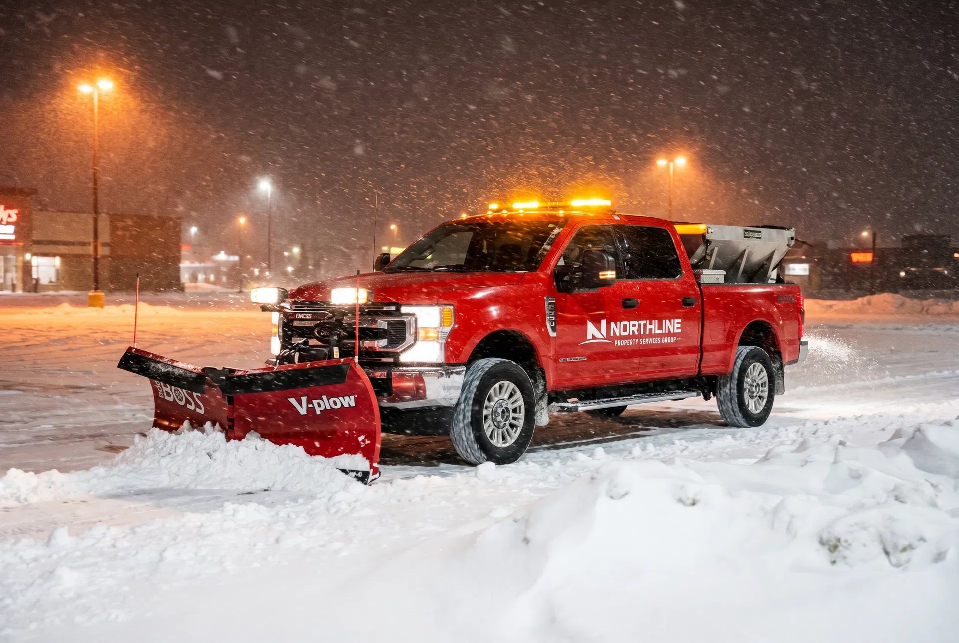 Northline Boss V-Plow Truck — Nighttime Commercial Parking Lot