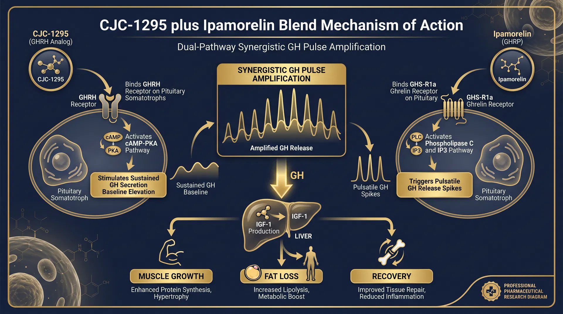 CJC/Ipamorelin Blend mechanism of action diagram — Synergistic GHRH + GHS-R Dual Axis Growth Hormone Stimulation