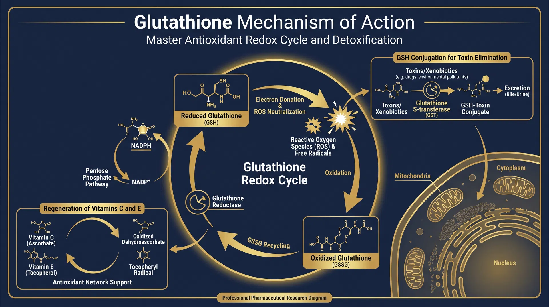 Glutathione mechanism of action diagram — Cellular Redox Homeostasis & Detoxification