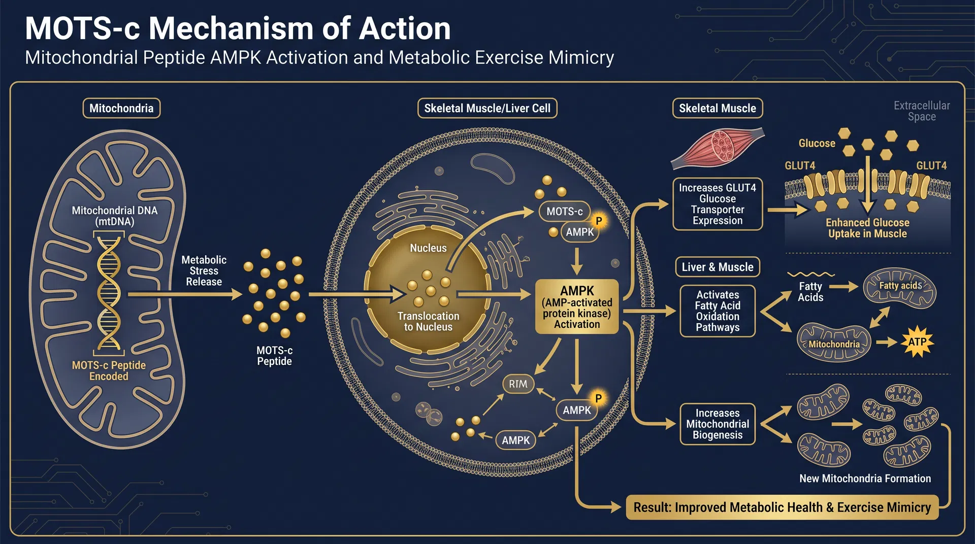 MOTS-c mechanism of action diagram — Mitochondrial-Nuclear Retrograde Signaling & Metabolic Homeostasis