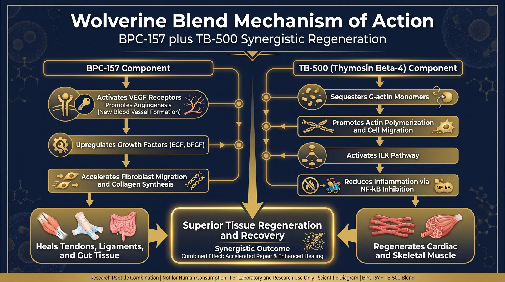 Wolverine Blend mechanism of action diagram — Synergistic Dual-Peptide Regenerative Stack