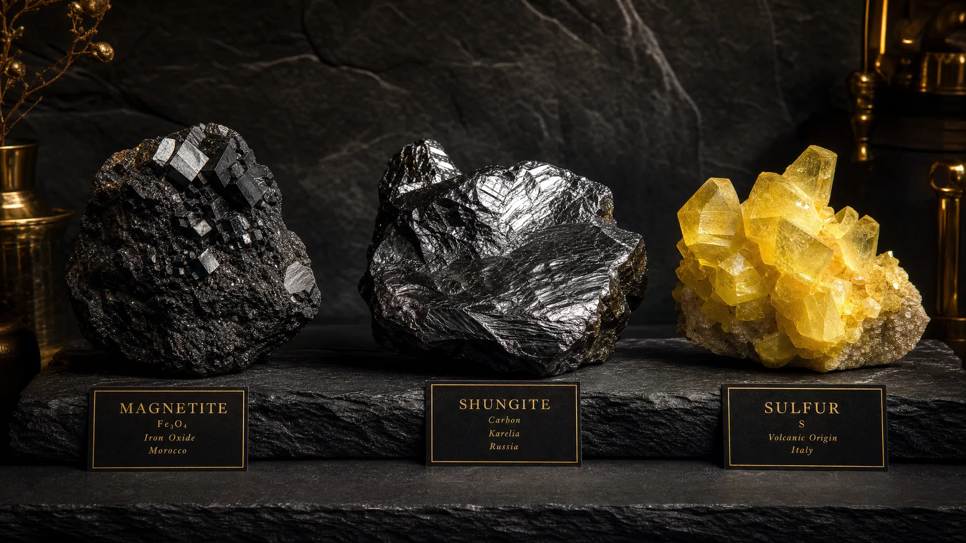 Magnetite, Shungite, and Volcanic Sulfur minerals