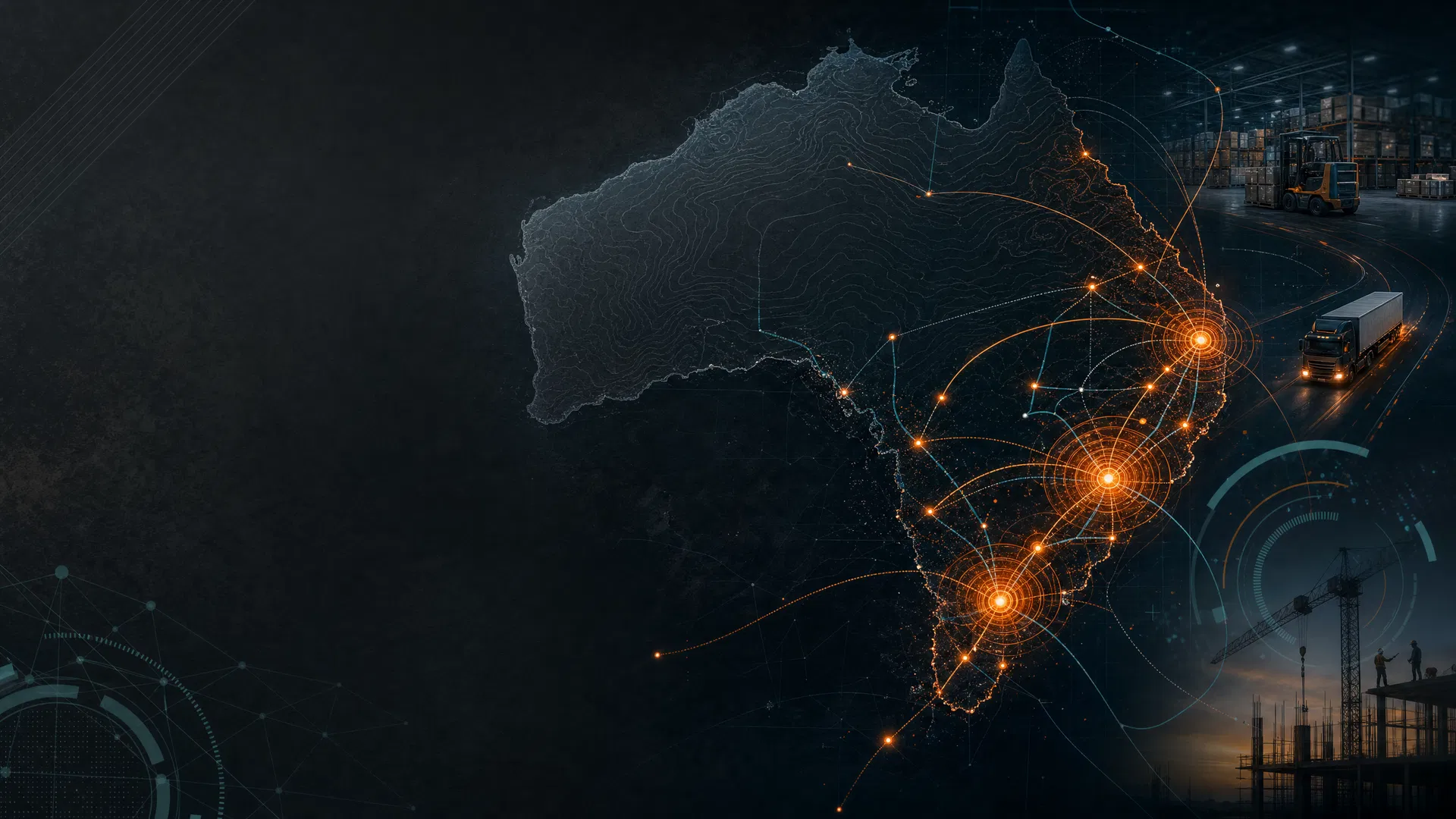 Abstract Australian logistics branch network with NSW, VIC and QLD route nodes — Specific Group Australia