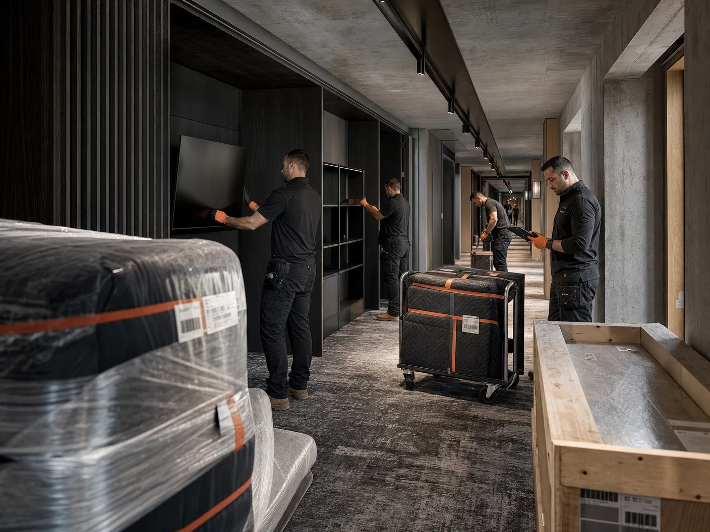 Specialist hotel FF&E and AV installation team working in a commercial corridor — Specific Group Australia