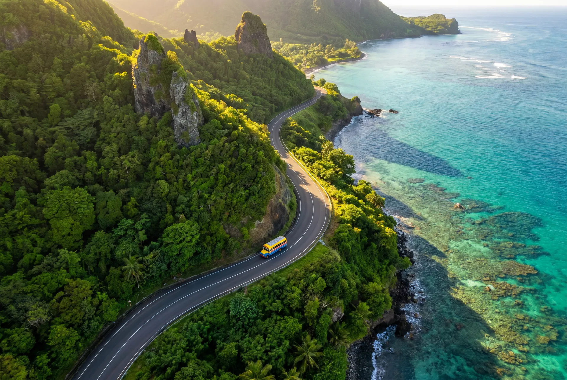 Aerial view of a coastal road in Dominica with a bus