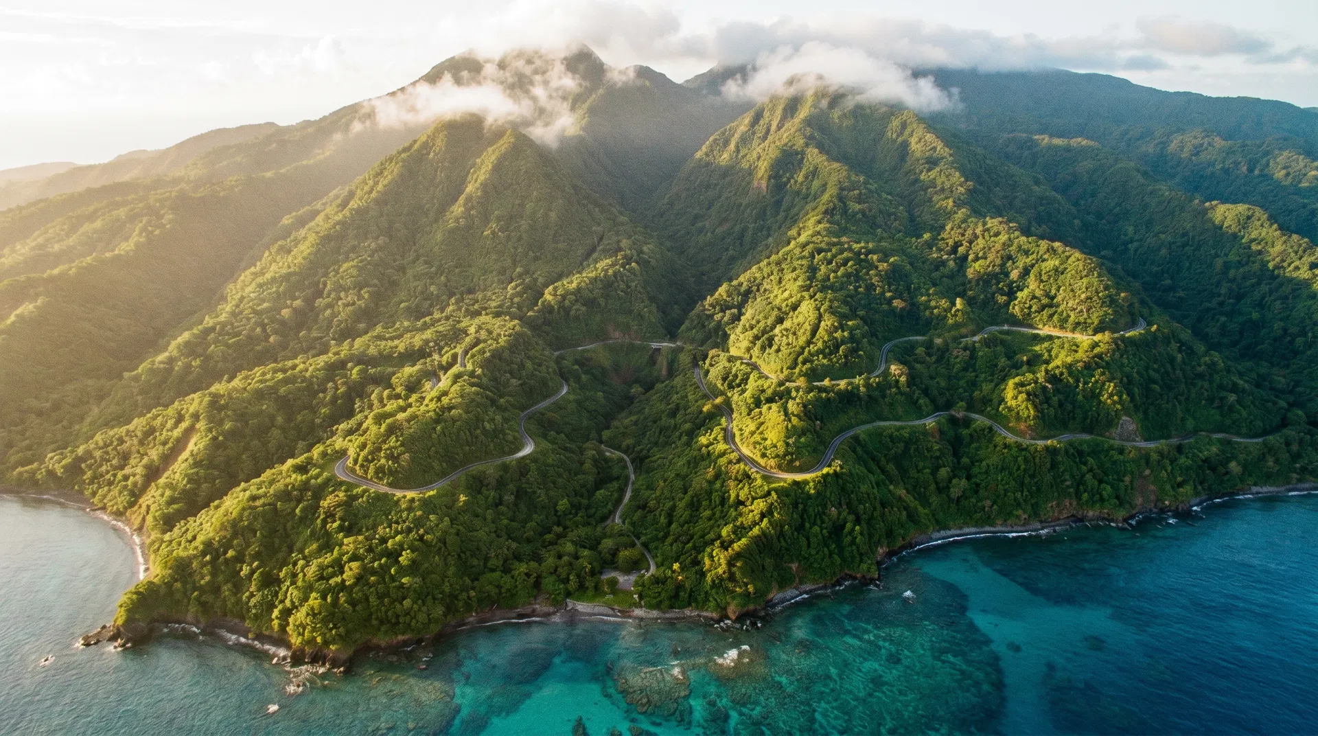 Aerial view of Dominica's winding mountain roads