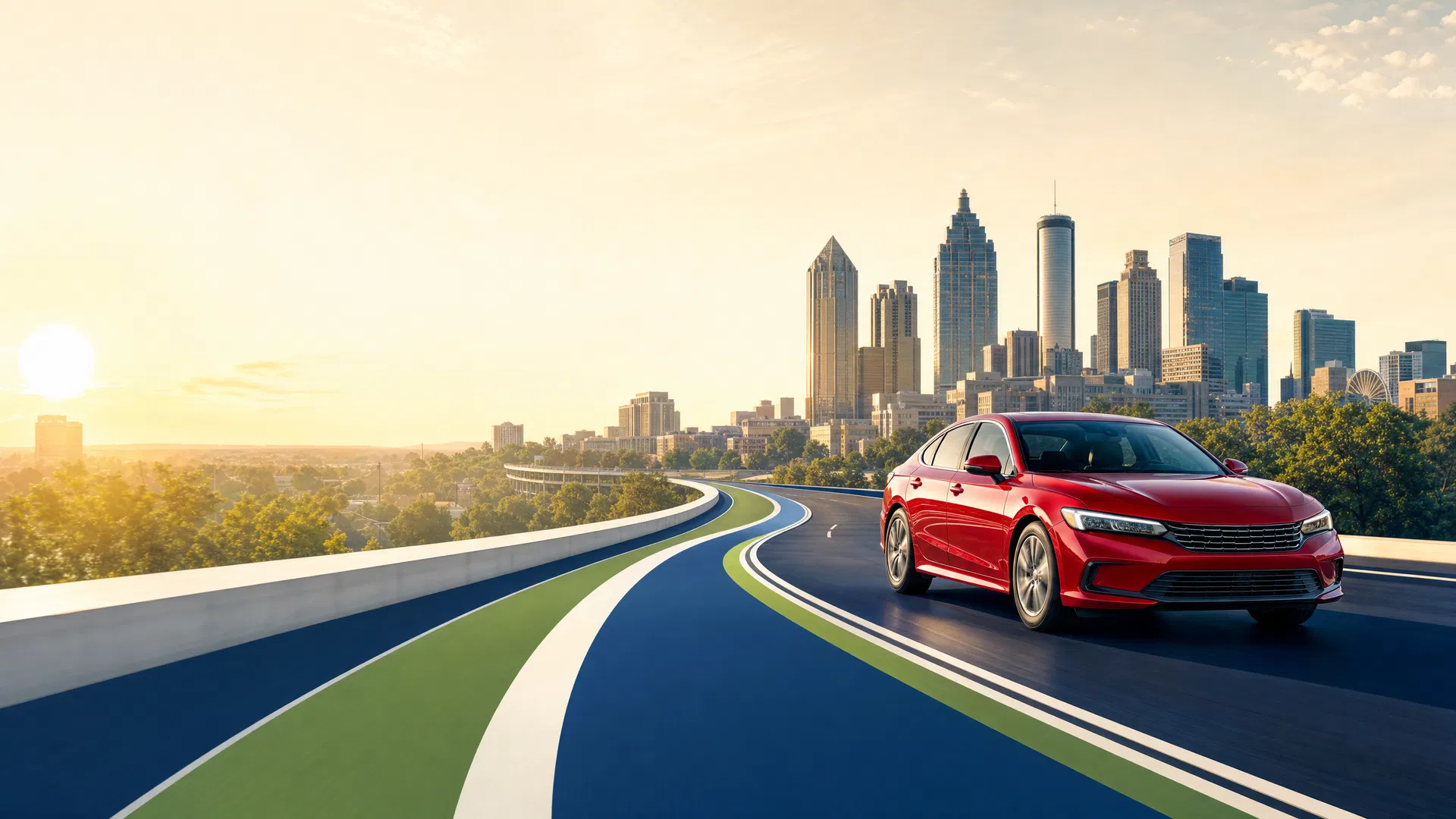 Red rental sedan on an Atlanta sunrise route