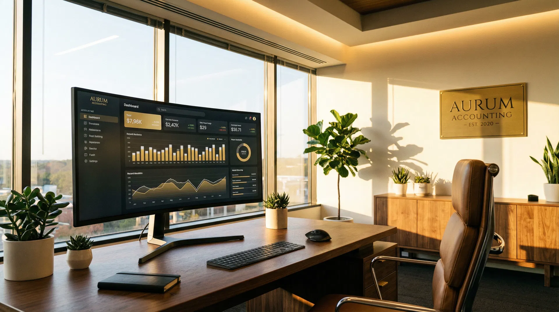 Modern accounting office with AI-powered dashboard