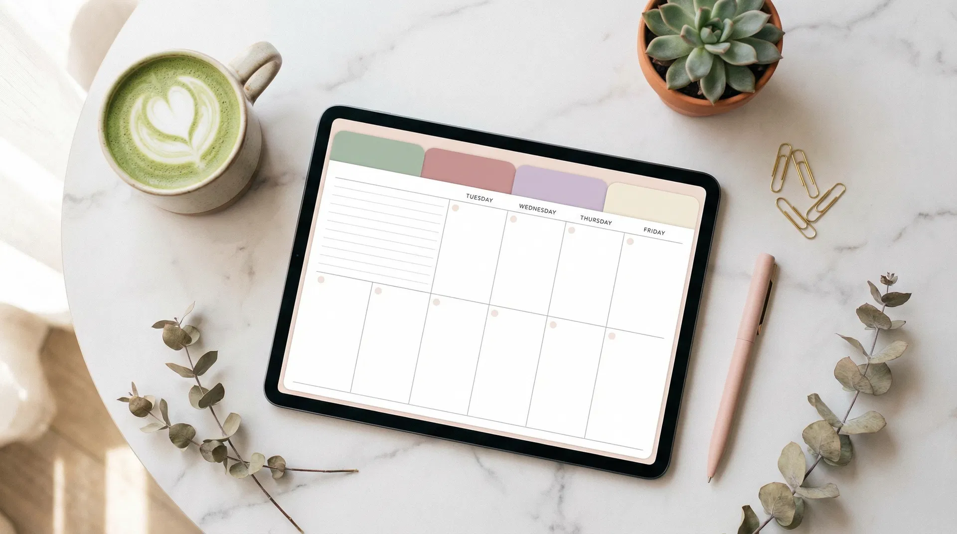 All-in-one digital planner on iPad showing daily, weekly, and monthly planning pages