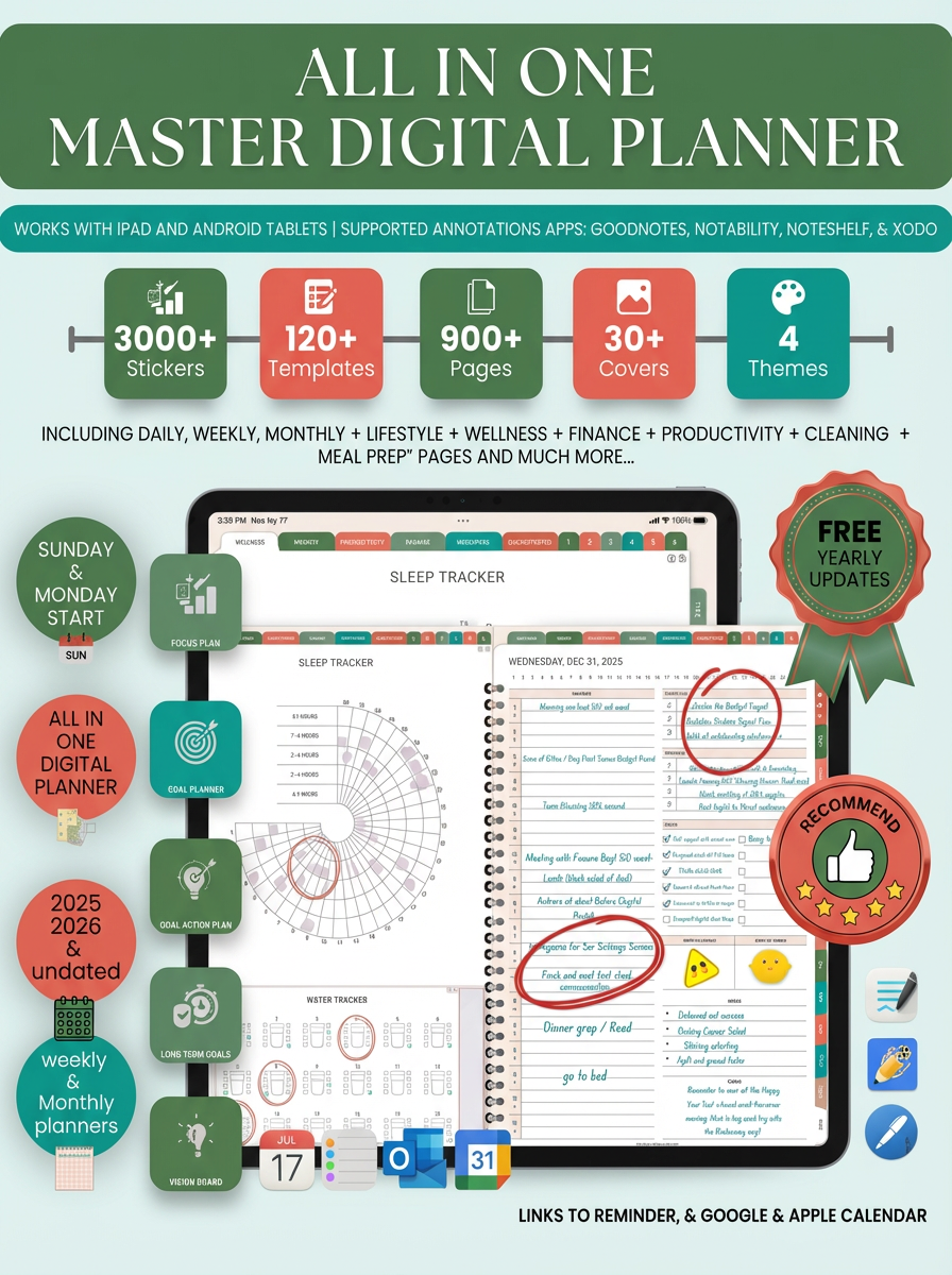 All-in-One Digital Planner for iPad & GoodNotes – Undated Boho Productivity Planner